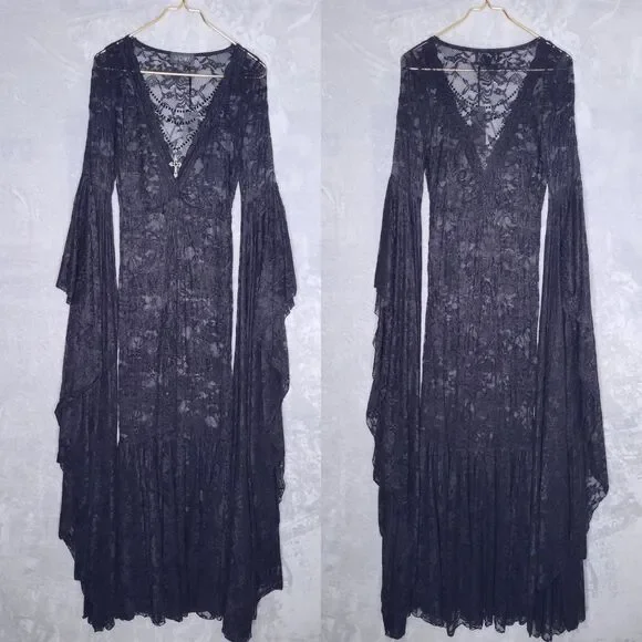 WIDOW Black Lace Gothic Grand Affair Maxi Dress Size M Sheer Romantic Goth Witch - Picture 2 of 13